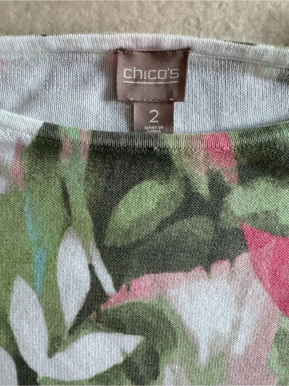 Chico’s Cotton Rayon Blend Sweater Tropical Print 3/4 Sleeve Size Large (2)